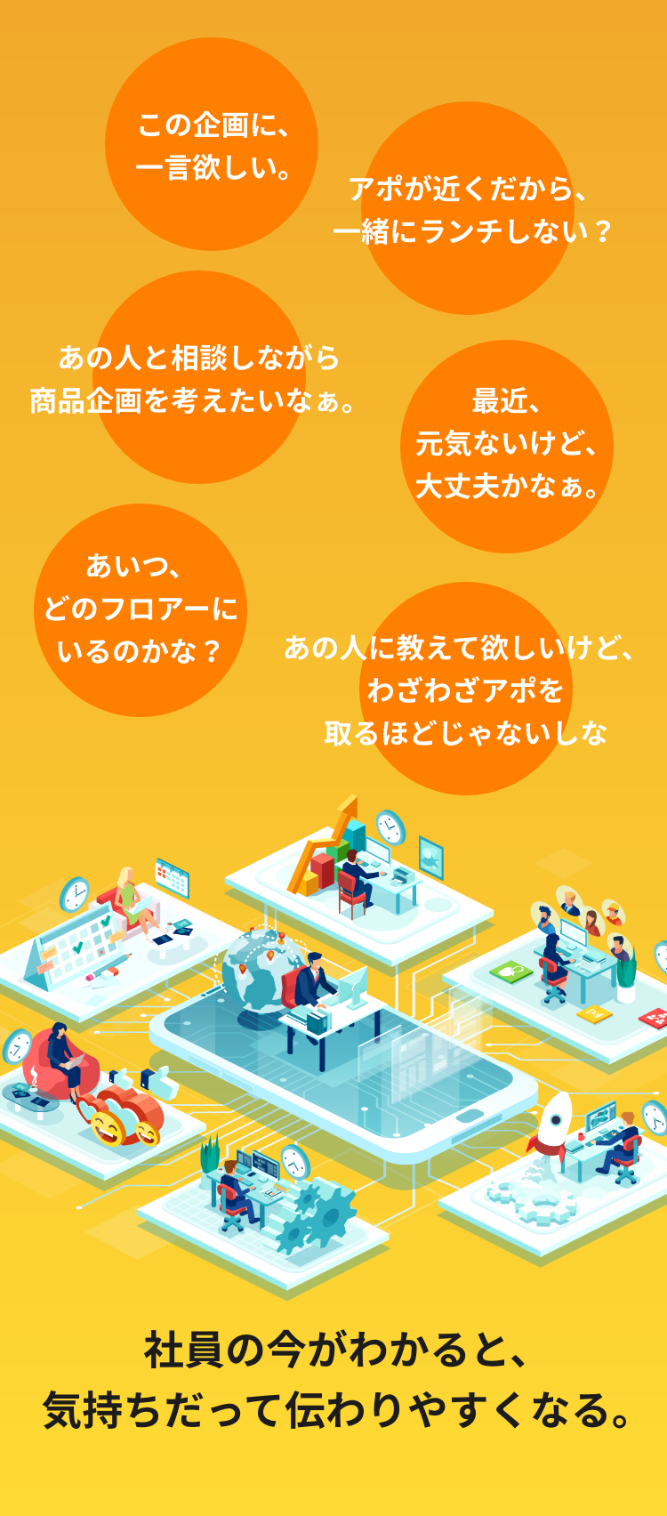 あの人と相談しながら商品企画を考えたいなぁ。最近、元気がないけど、大丈夫かなぁ。この企画に、一言欲しい。アポが近くだから、一緒にランチしない？あいつ、どのフロアーにいるのかな？あの人に教えて欲しいけど、わざわざアポをとるほどじゃないしな。社員の今がわかると、気持ちだって伝わりやすくなる。